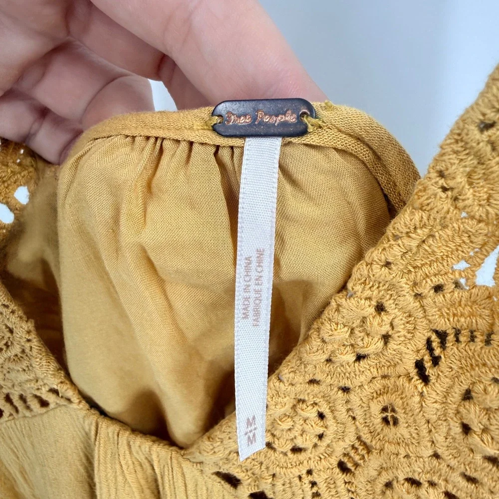Free People Mustard Yellow Crochet Lace V-Neck Ruffle Mini Dress Womens Medium